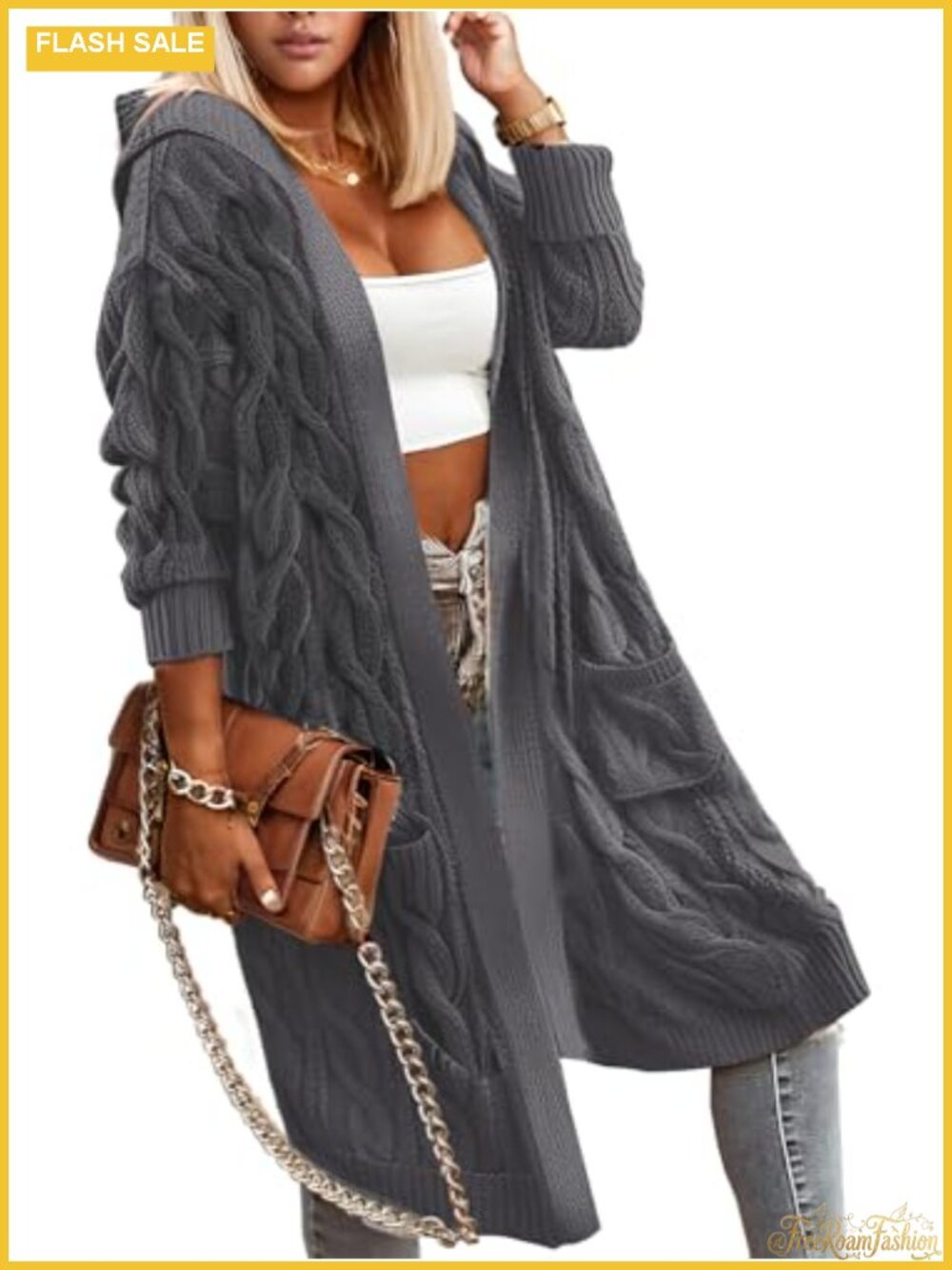 Oversized Cable Knit Hooded Open Front Cardigan Sweater with Pockets